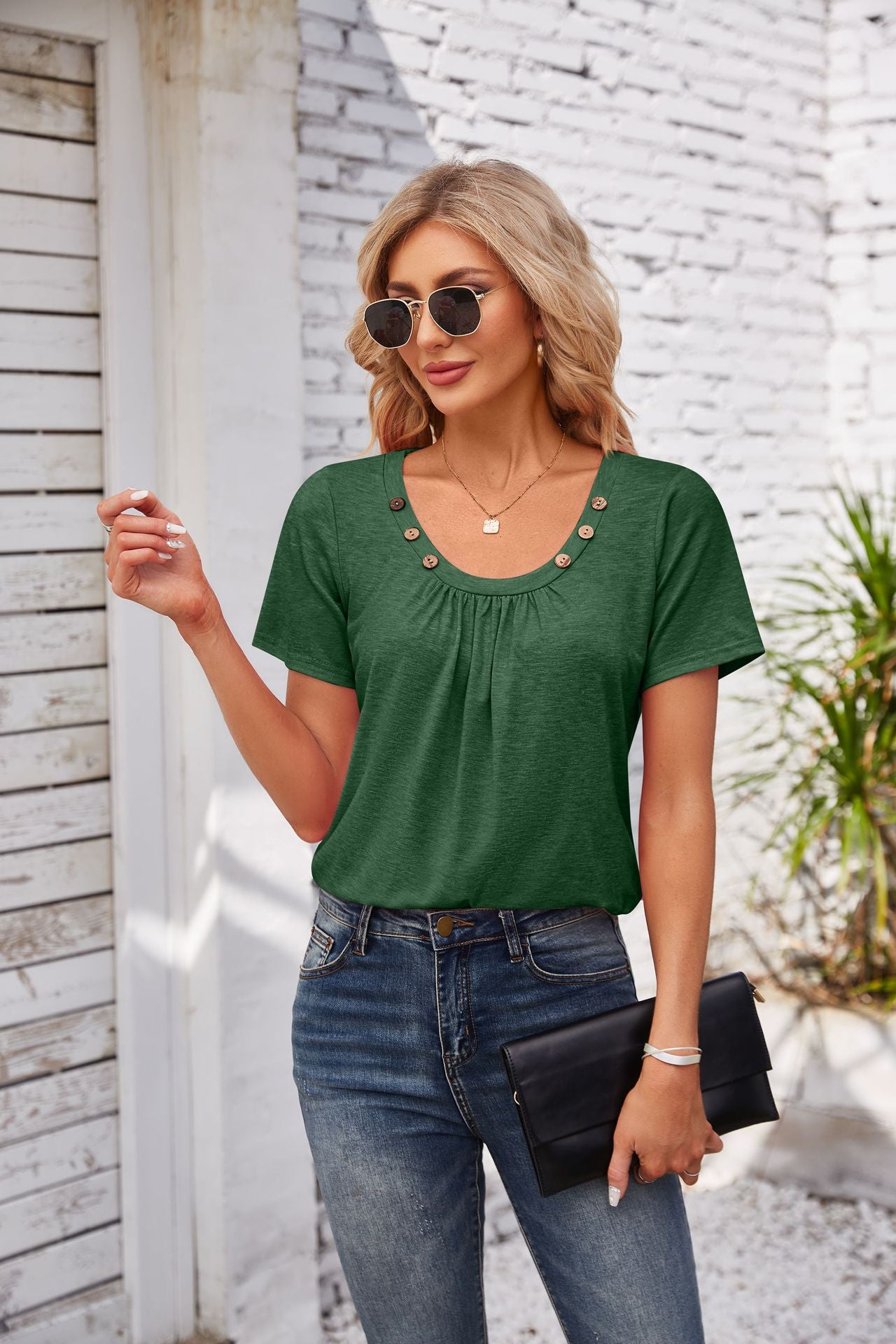 Effortless Lady: Women's Summer Button Square Collar Pleated Design Short-sleeved T-shirt