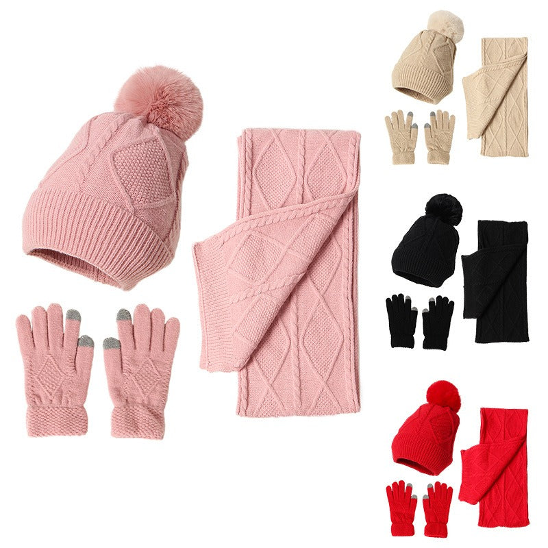 Adult Hat, Scarf, Glove, Three Piece Set, Autumn and Winter New Warm and Thickened Woolen Hat