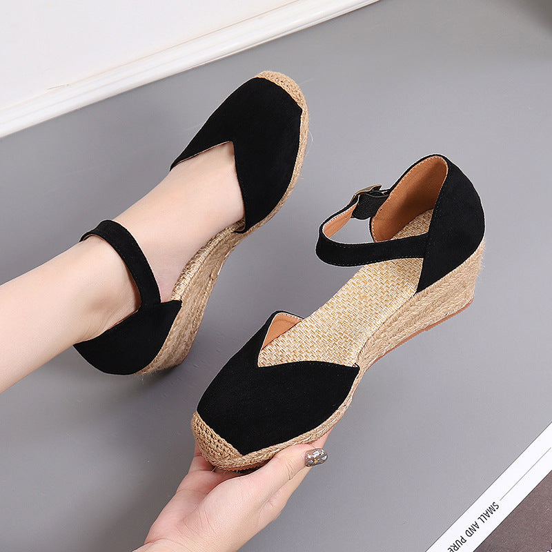 Spring And Autumn Suede Word Buckle High Heel Hollow Shoes