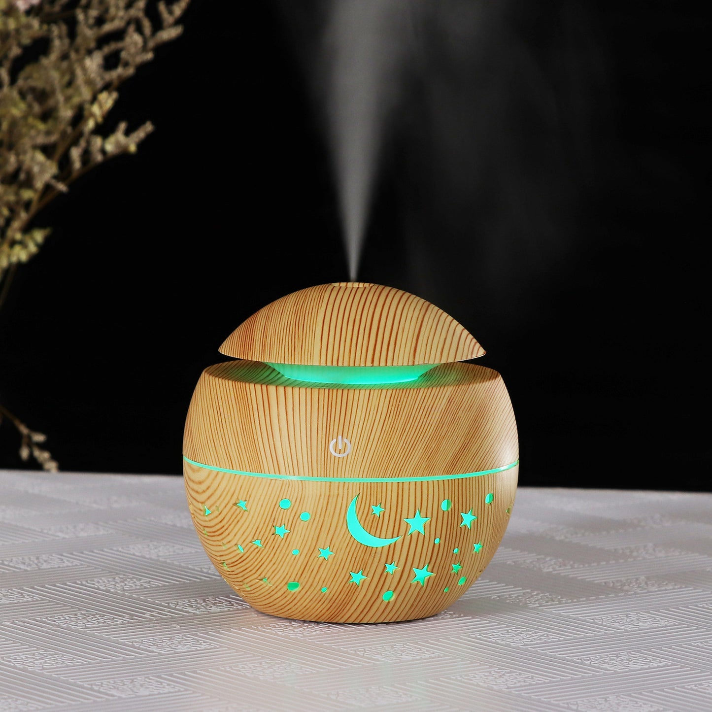 Sternenhimmel-Holzmaserung, hohler Stern, Mond, Luftbefeuchter, kreativer, farbenfroher Lichtdurchlässigkeits-Mini-Aroma-Diffusor mit 130 ml