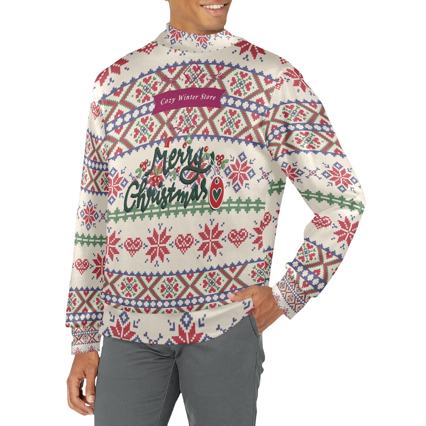 CWS Cozy Sweaters Men's All Over Print Mock Neck Festive Christmas Sweater by Cozy Winter Store