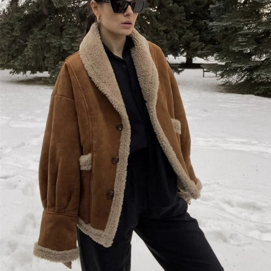 Top z jednorzędowego polaru jagnięcego w stylu vintage w stylu amerykańskim