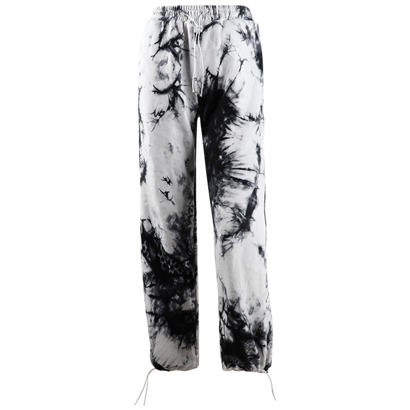 Loose High-Waist Straight Tie-Dye Splash-Ink Casual Pants with Elastic Waist