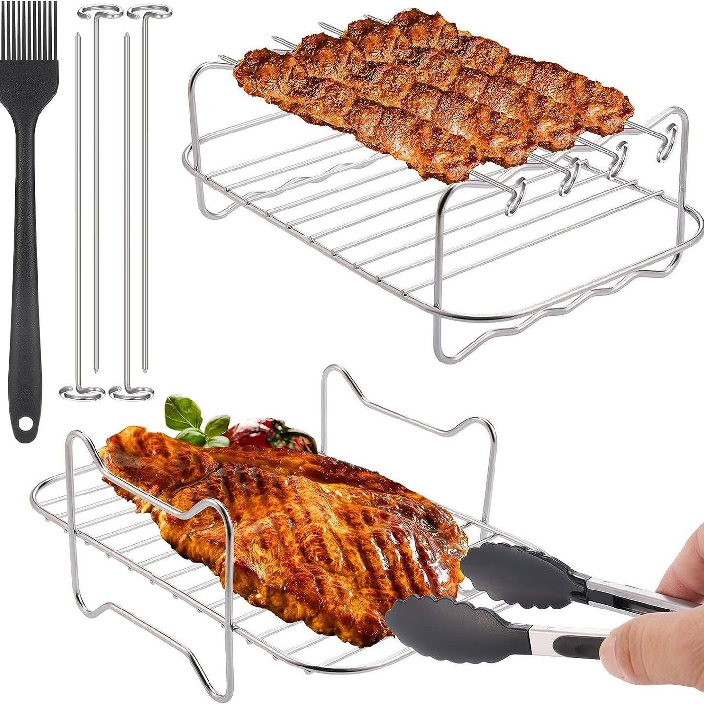 Stainless Steel Double-layer Grill Rack Steamer Air Fryer Accessories Rectangular Barbecue Grill