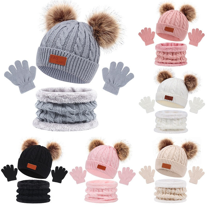 New Children's Hat, Scarf, Glove, Three Piece Set, Autumn and Winter New Warm Double Ball Baby Hat