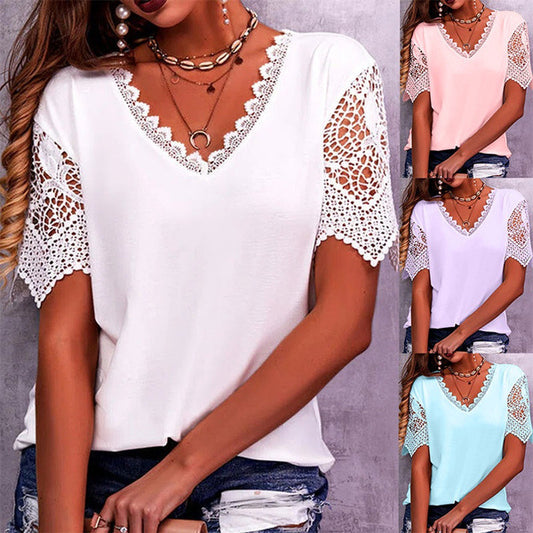 Summer Lace: Loose V Neck Short Sleeve Lace Tops - Women's Casual Shirts