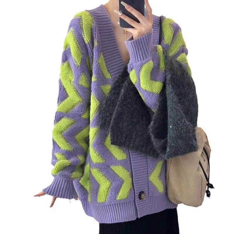 New autumn and winter new loose large version lazy style sweater for women Korean style retro striped color block knitted cardigan