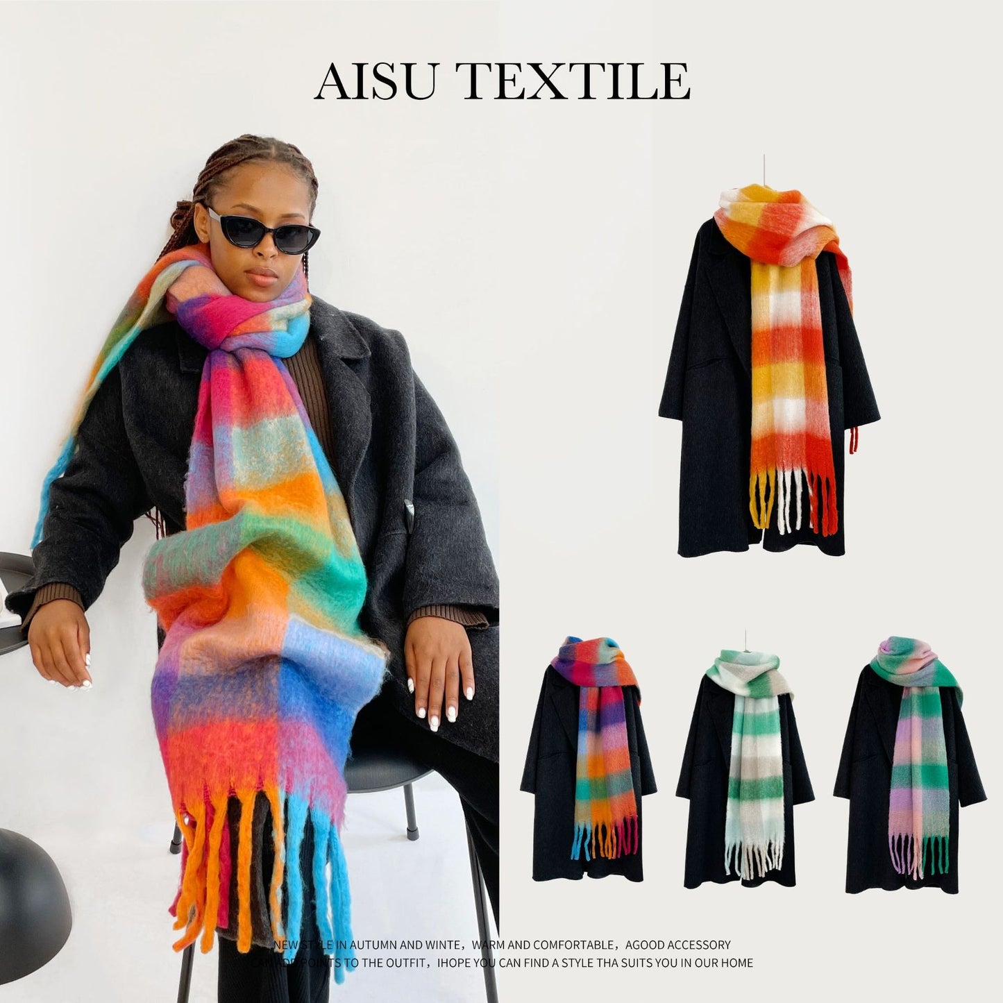 Colorful plaid scarf women's winter warm scarf mohair thickened long scarf