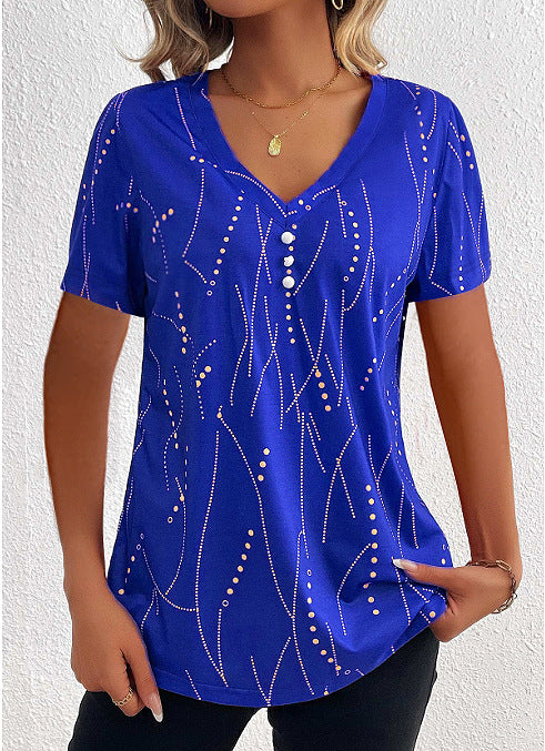 Summer Breeze: New V-neck Printed Button T-shirt - Fashionable Leisure Short-sleeved Top