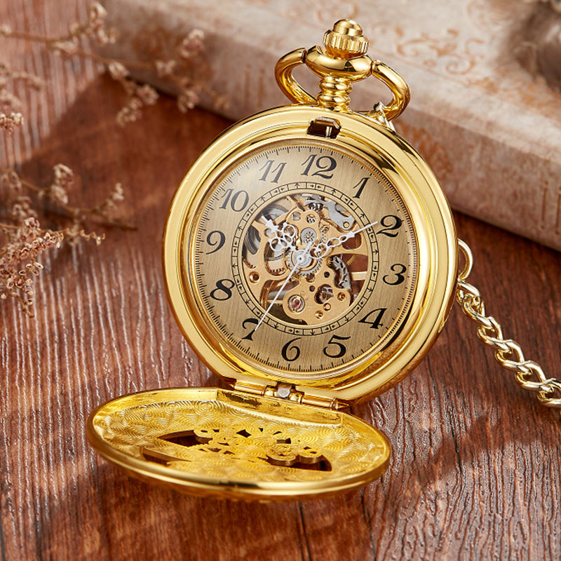 Goldene Retro Hohlzeiger Nachthimmel Halbautomatische Mechanische Taschenuhr