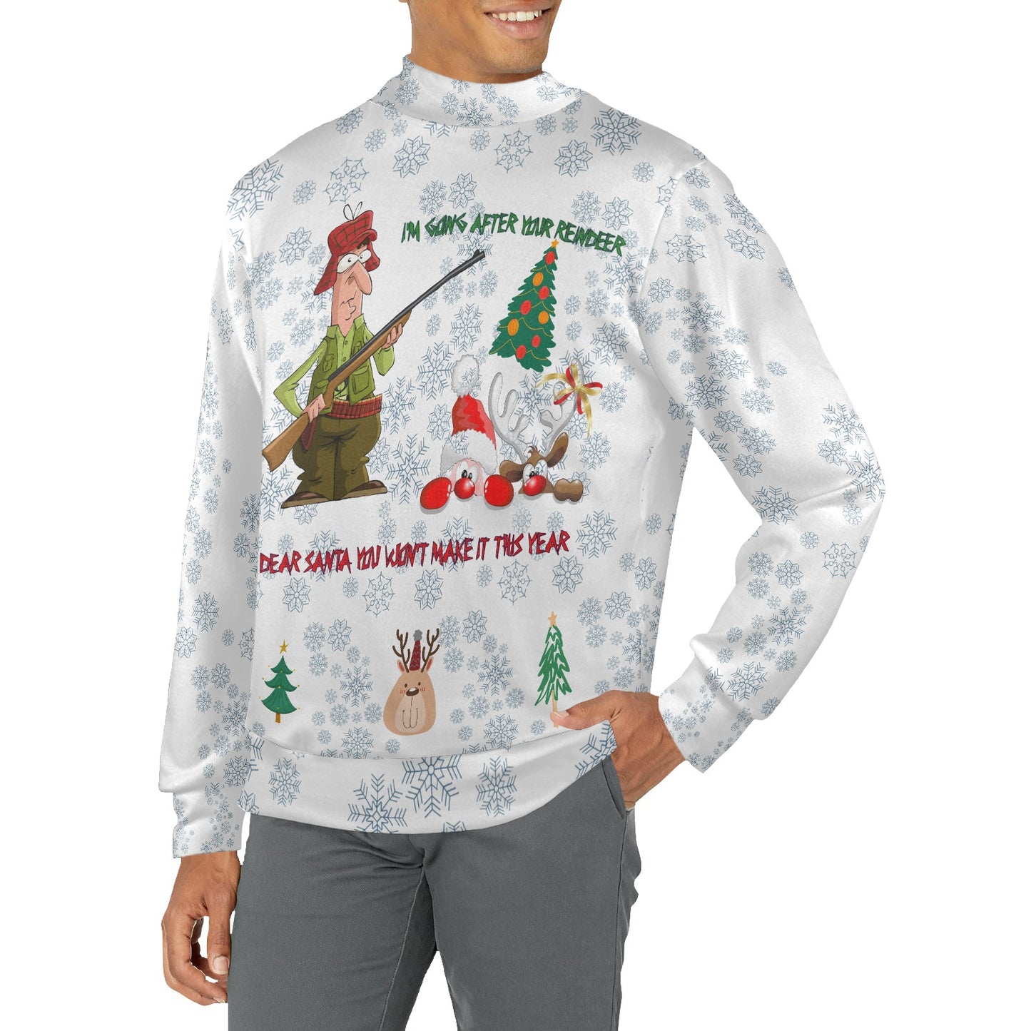 CWS Cozy Sweaters Men's All Over Print Mock Neck Funny Hunter, Ugly Christmas Sweater "I'm after your reindeer" by Cozy Winter Store