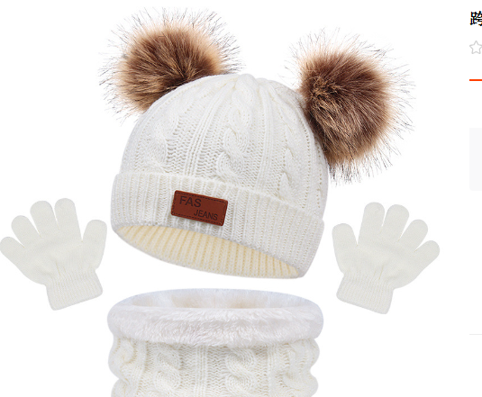 New Children's Hat, Scarf, Glove, Three Piece Set, Autumn and Winter New Warm Double Ball Baby Hat