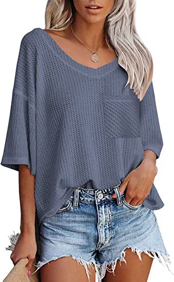 V-Ausschnitt Shirts Damen Sommer Kurzarm Grüne Tops mit aufgesetzter Tasche