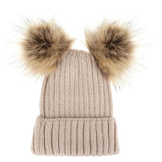 Parent-child Caps Cute Infant Baby Pompon Winter Hat Double Fur Ball Hat Mother Kids Warm Knitted Hat Newborn Beanie Cap