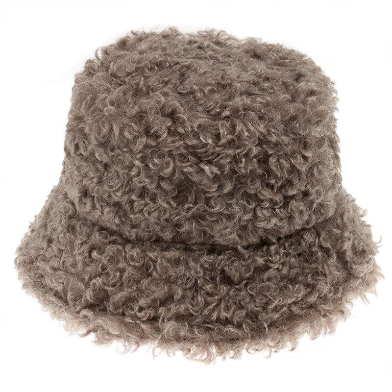 Women Winter Solid Lamb Faux Fur Bucket Hat Outdoor Warm Fluffy Fishing Bob Fisherman Foldable Panama Casual Soft Hat Gorros