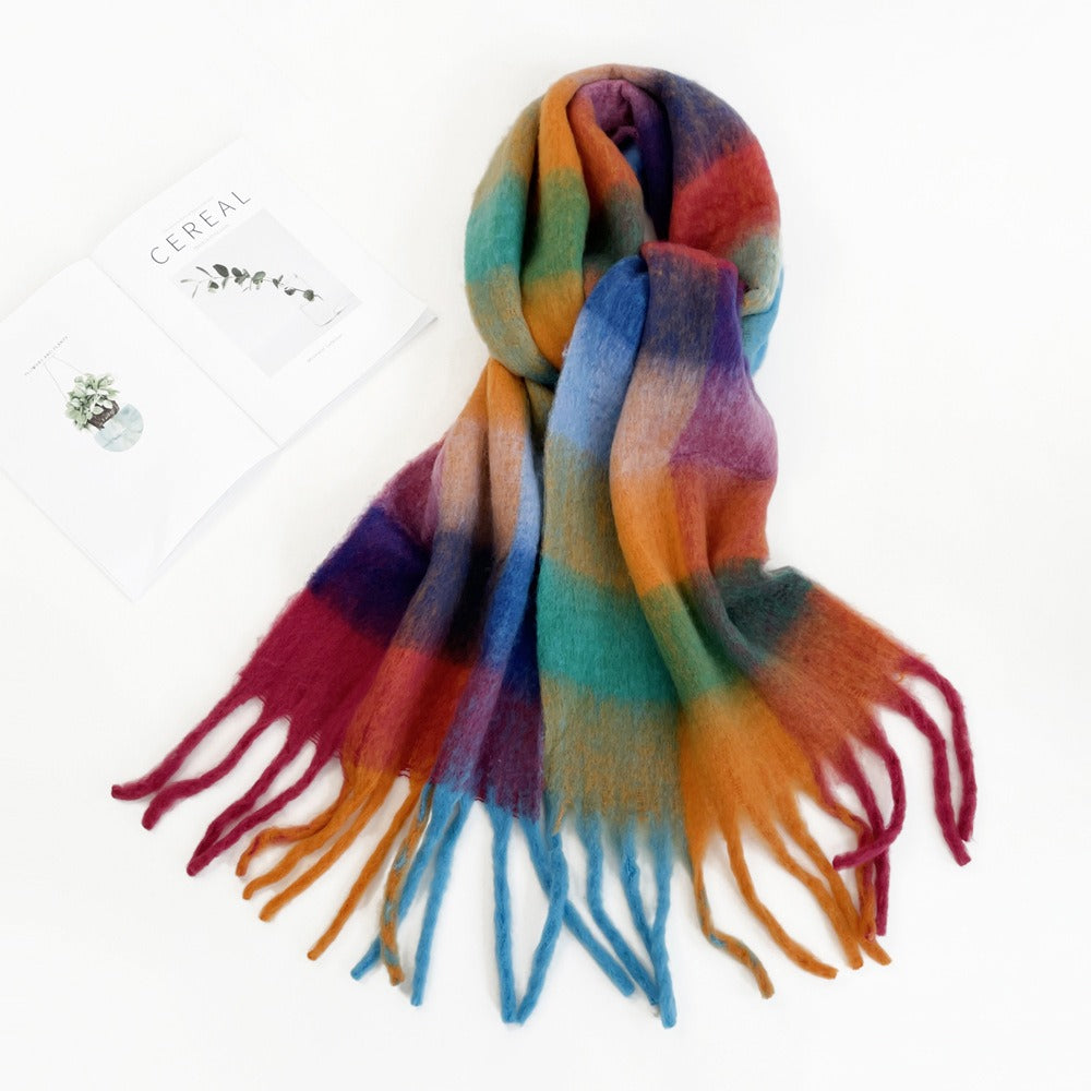 Colorful plaid scarf women's winter warm scarf mohair thickened long scarf