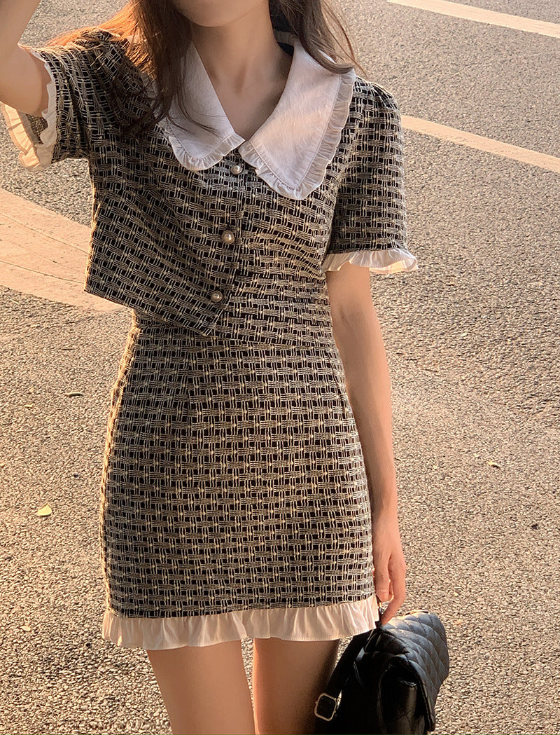 Suit Doll Collar Plaid Short-sleeved Shirt Gas Skirt