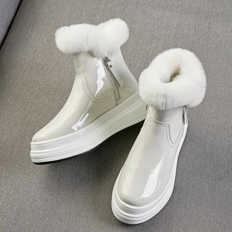 Warm and Thickened Rabbit Hair Snow Boots Women's Winter New Thick Bottom Muffin Short Boots with Leather Plush Large Cotton Boots