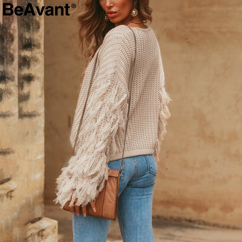 Tassel knitted sweater women pullover loose Casual army green winter sweater female O neck  autumn jumper pull femme