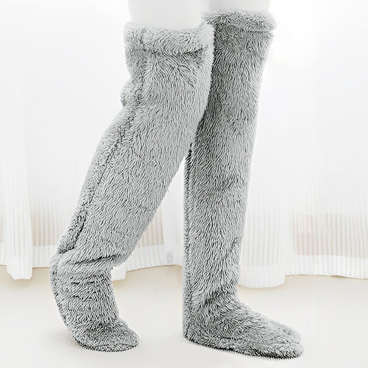 PlushCharm: Indoor plush warmth with long socks, fuzzy over-knee leg warmers, and cozy stocking slippers for winter comfort.