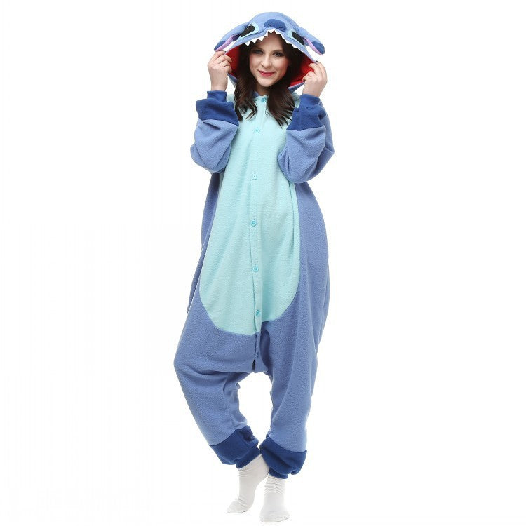 StitchDream: Blue and pink cartoon one-piece pajama for cozy nights.