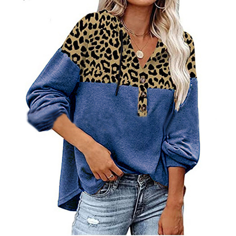 LeopardLuxe: Women's autumn-winter hoodie with leopard print patchwork, featuring a loose and casual long sleeve for chic comfort.