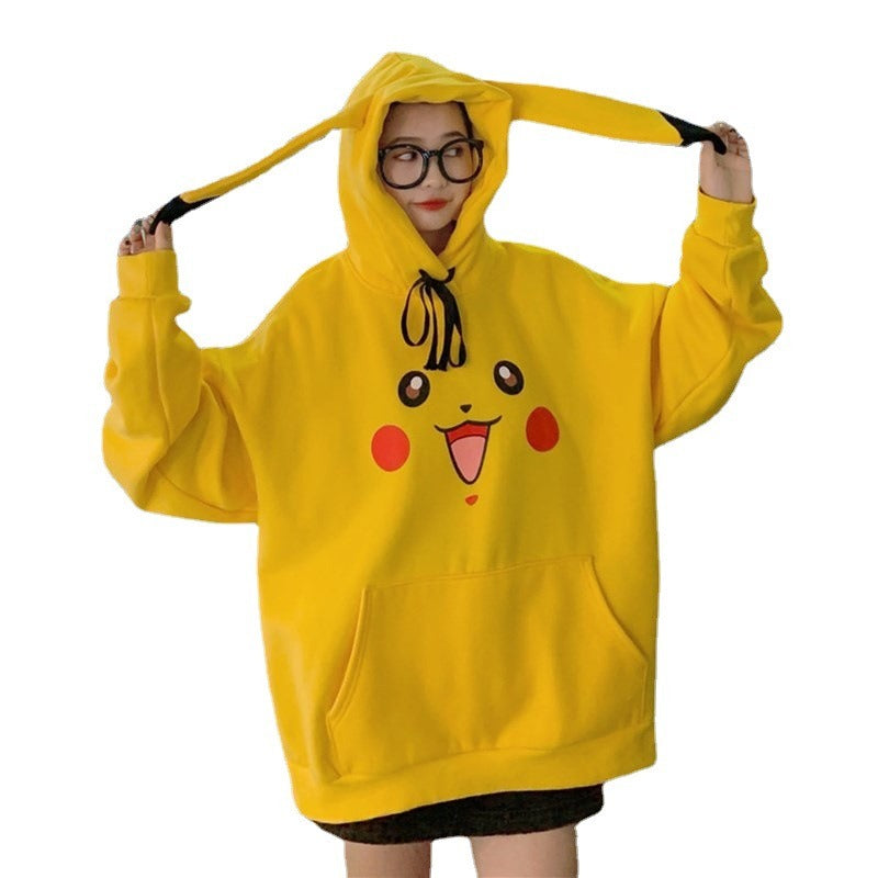 Pikachu Samt Fleece Pullover Studentinnen Japanischer Anime Mit Kappe Lange Abschnitt Kapuzenjacke