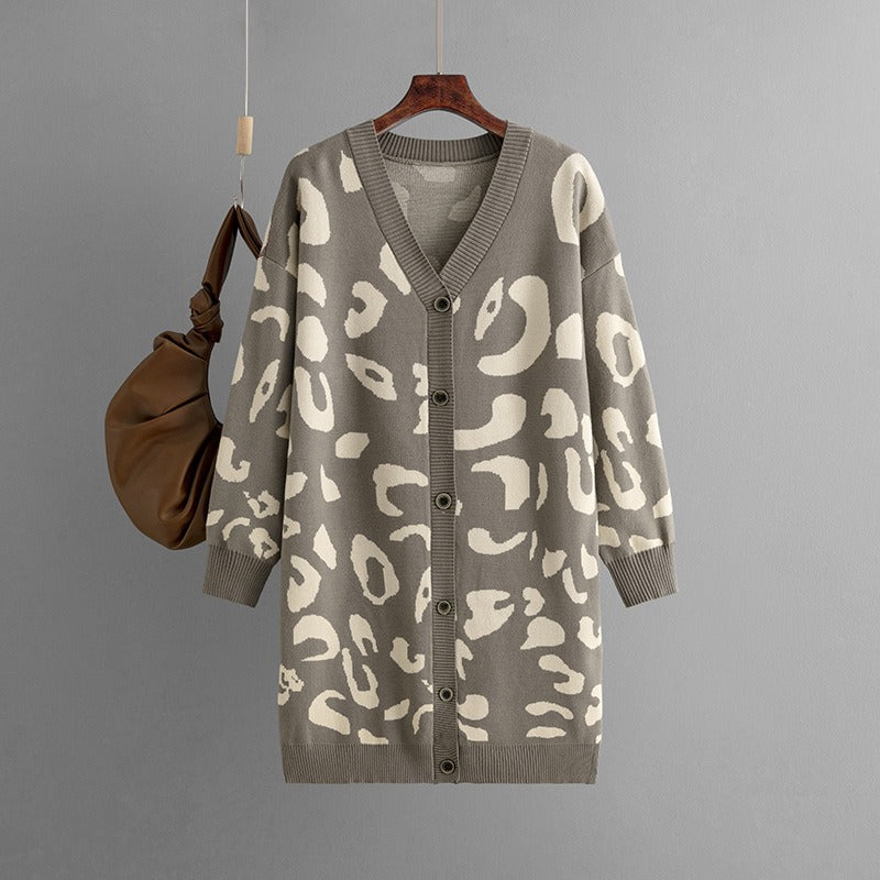 LeopardEase: Autumn leopard knitted women cardigan with long sleeves, V-neck, buttons, and a loose sweater coat for a trendy and comfortable look.