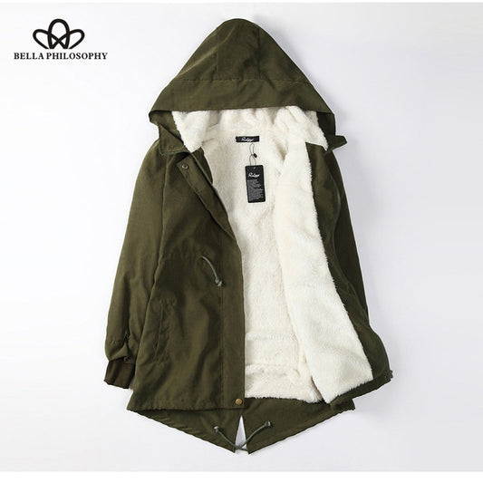 Winter Charm: Bella's vintage hooded parka, warm and fashion-forward.