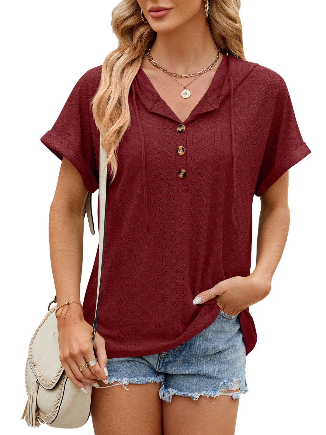 Modern Comfort: Solid Color Hooded Button T-shirt - Loose Hollow Design Short-sleeved Top