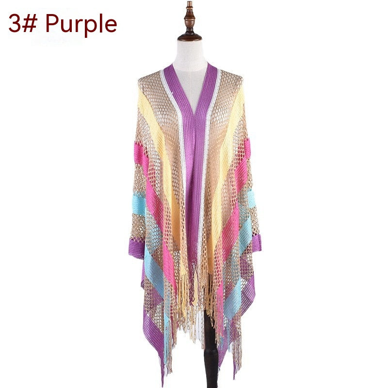 New Korean Style Cutout Long Silk Color Striped Knitted Sunscreen Shawl Thin