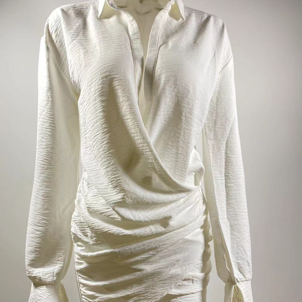 Linen Elegance: White Long-sleeved V-neck Shirt Dress - Sexy INS Fashion for Women