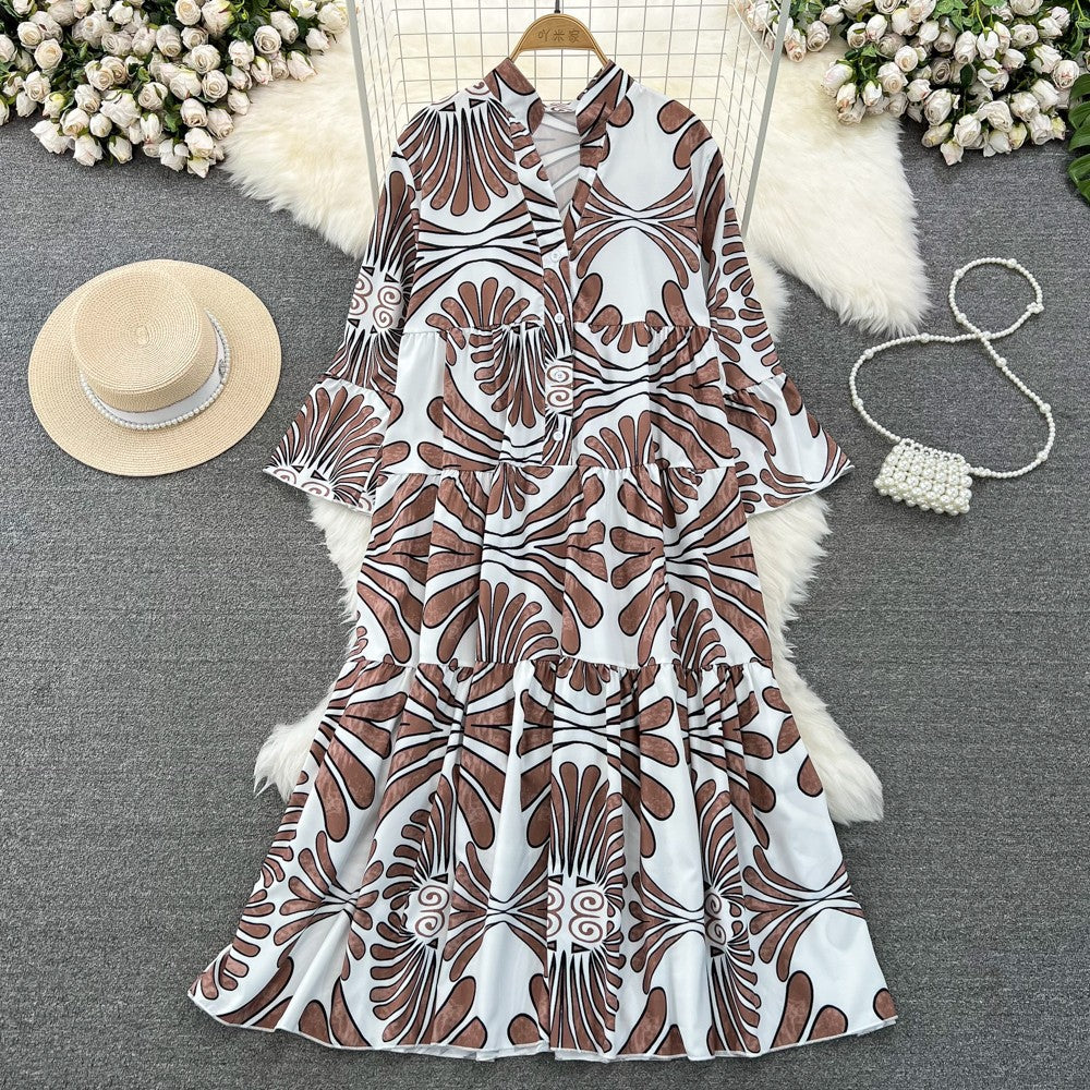 Summer Women's Retro Flared Long Sleeve V-neck Printed Dress