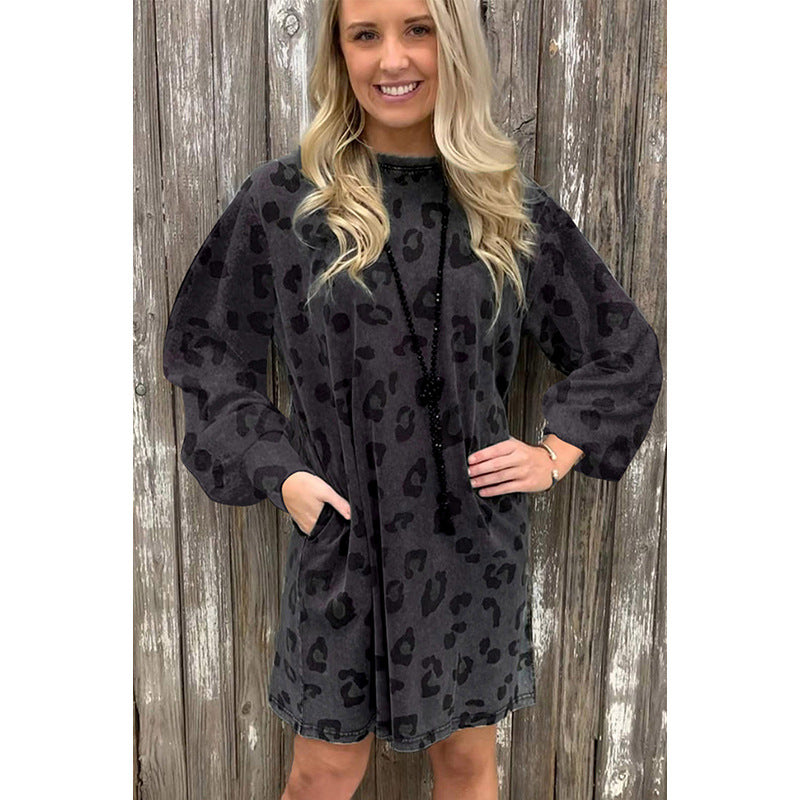 Women's Autumn Leopard Print Pocket Sweatshirt Dress