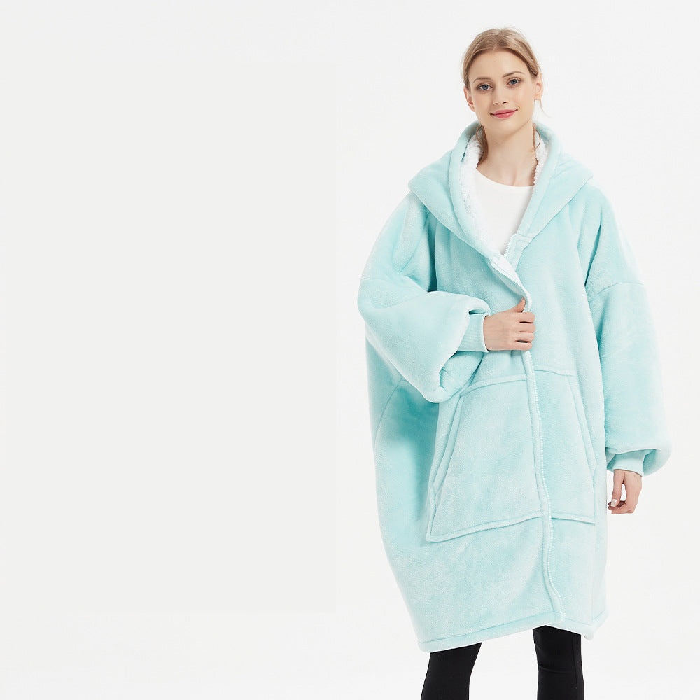 WarmHug: Plus-size wearable blanket sweatshirt for winter, providing warm and cozy comfort in a giant hoodie robe for both women and men's home clothes.