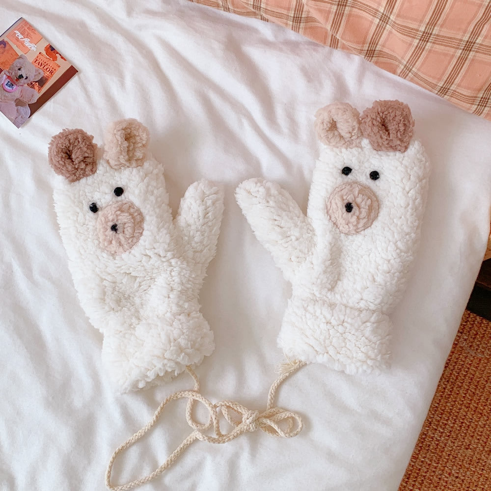 Winter Warm Cartoon Bear Plush Gloves Halter All-inclusive Cold Protection Fleece Thick