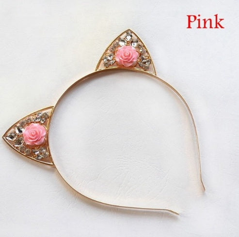 High Quality Cute Alloy Diamond Rose Cat Ears Headband Children Adult Headband