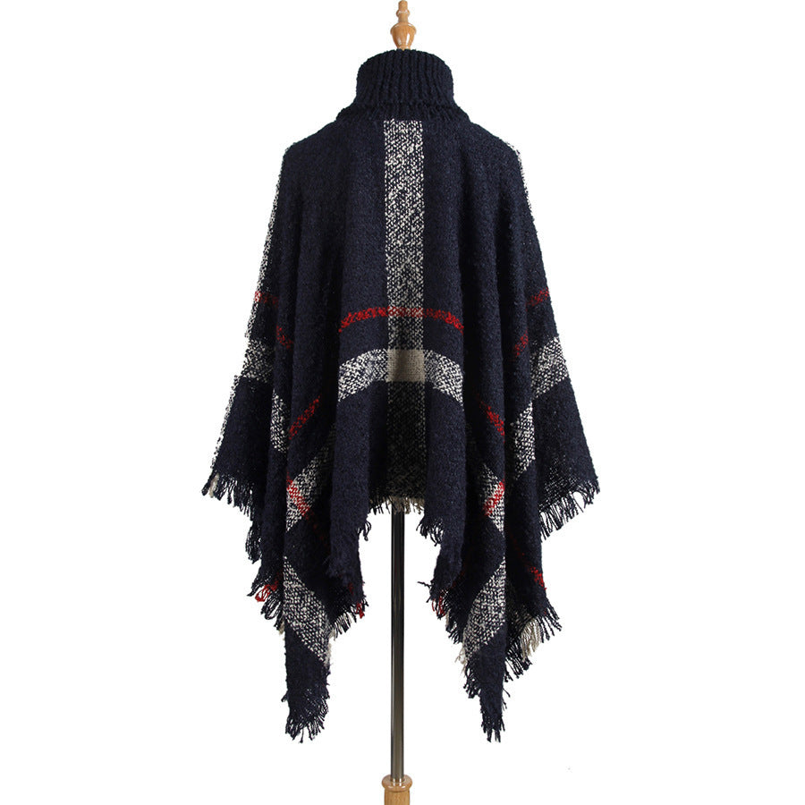 High collar fringed cloak shawl