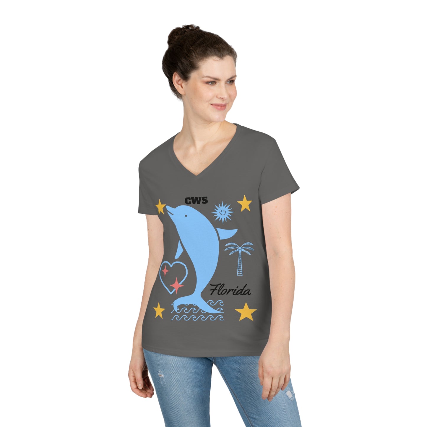 CWS Florida Dolphin Ladies' V-Neck T-Shirt By Cozy Winter Store (ships within USA only)