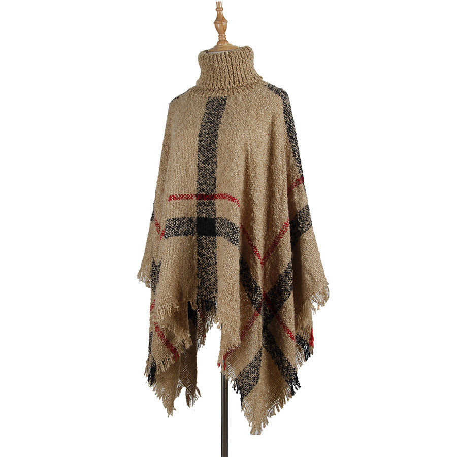 High collar fringed cloak shawl