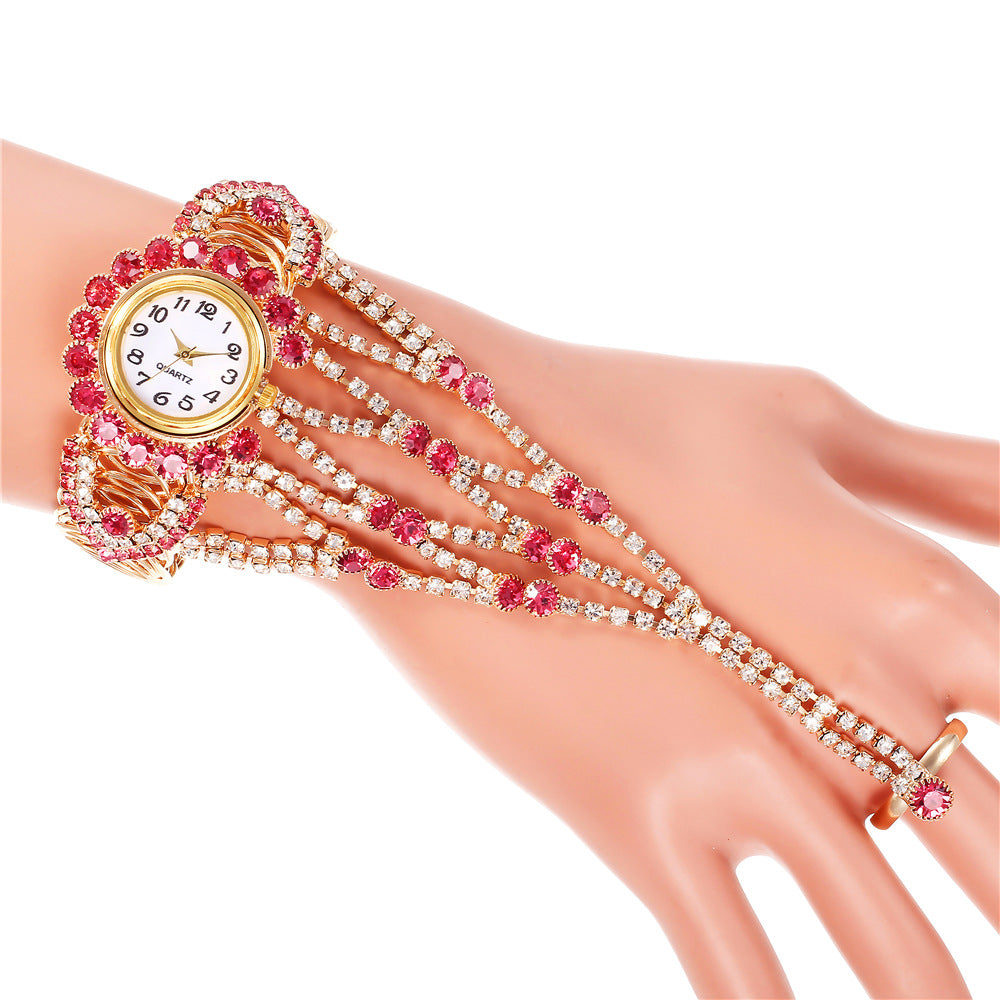 Ladies Full Diamond Claw Chain Ring Set Watch