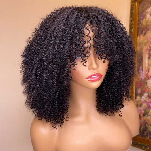 Kinky Curly Human Hair Wigs With Bangs