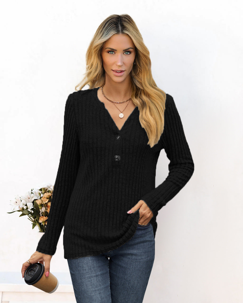 Classic Simplicity: Solid color V-neck long sleeve t-shirt.