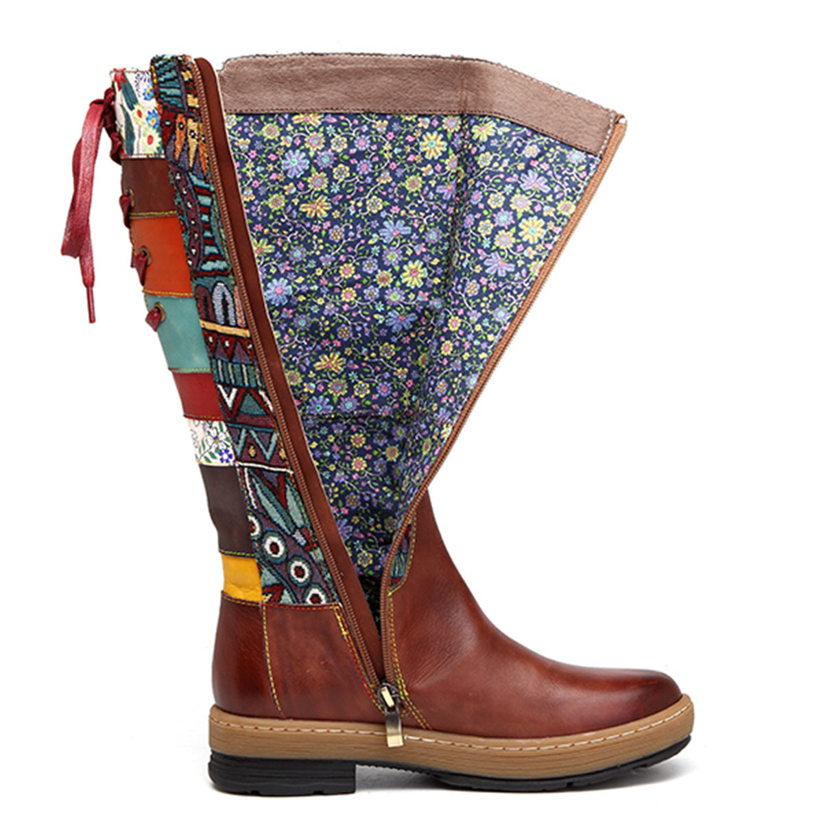 Vintage Mid-calf Boots Women Shoes Bohemian Retro Genuine Leather Motorcycle Boots Printed Side Zipper Back Lace Up Botas