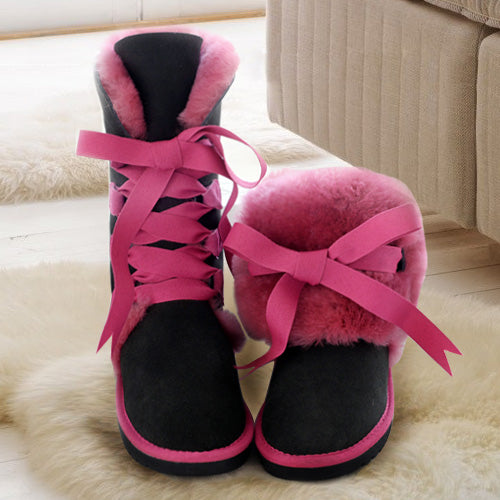 Leather high tube fur snow boots