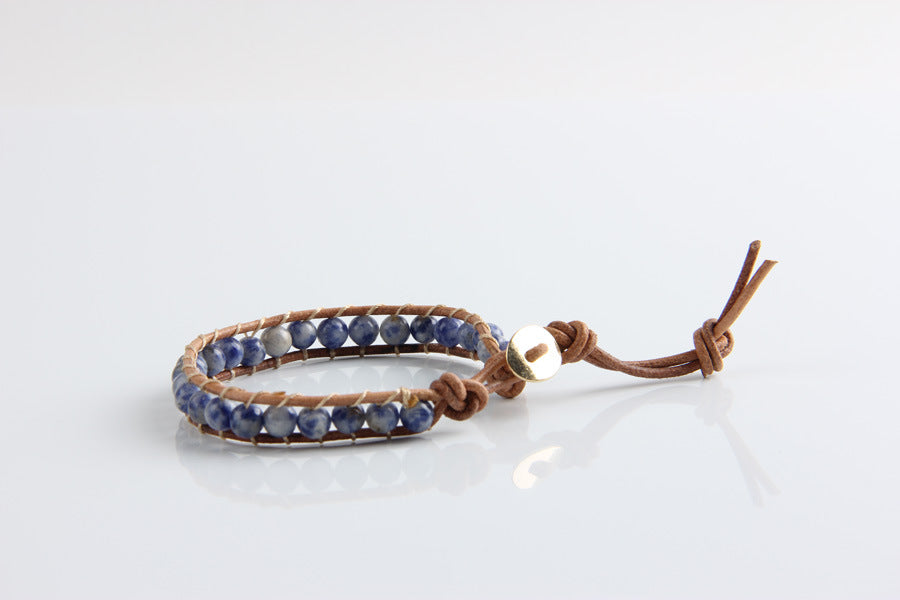 Popular white point blue natural stone leather woven 6mm single ring bracelet full handmade bead bracelet