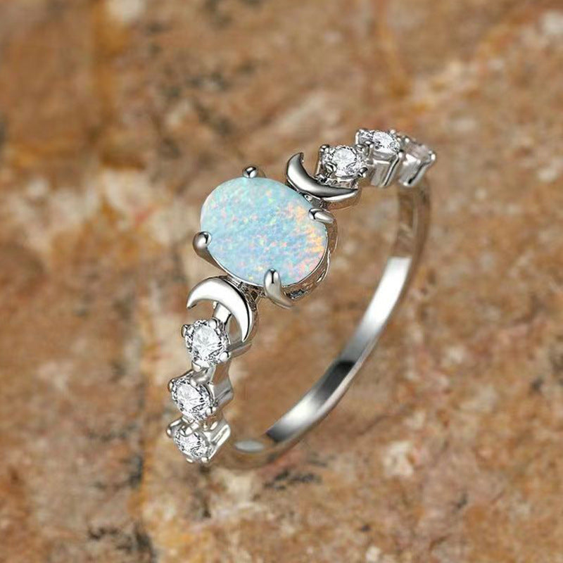 Oval White Opal Moon Ring Retro