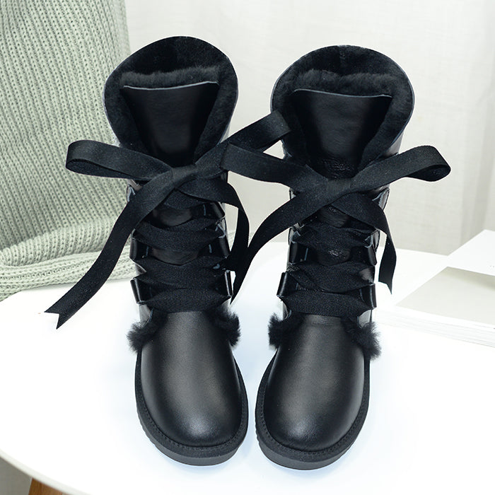 Leather high tube fur snow boots