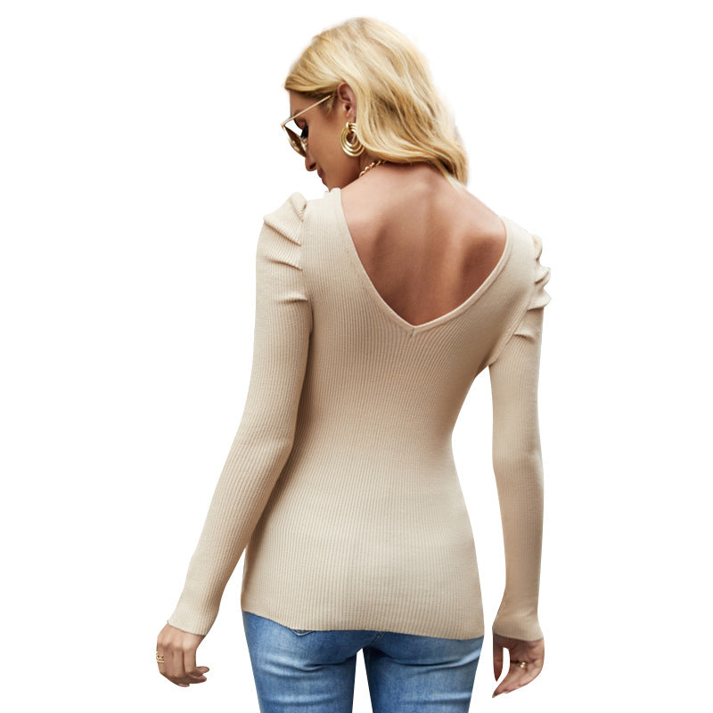 Slim Fit High-elastic V-neck Base Puff Sleeve Sweater For Women