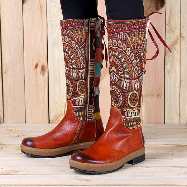 Vintage Mid-calf Boots Women Shoes Bohemian Retro Genuine Leather Motorcycle Boots Printed Side Zipper Back Lace Up Botas